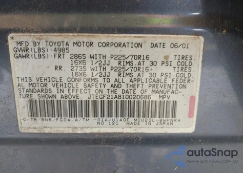 2001 Toyota Highlander V6 from USA, damaged, VIN JTEGF21A810020686